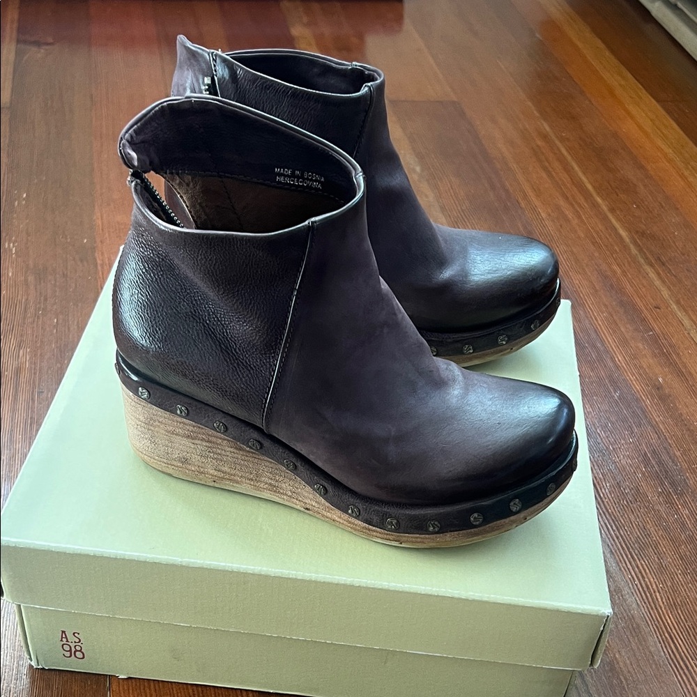 A.S.98 Women's Eggplant Savina Leather Wedge Boots - Picture 2 of 6